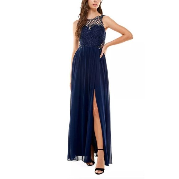 City Studio Bright Navy Embellished Illusion Tulip Maxi Formal Gown 7 - Picture 3 of 7